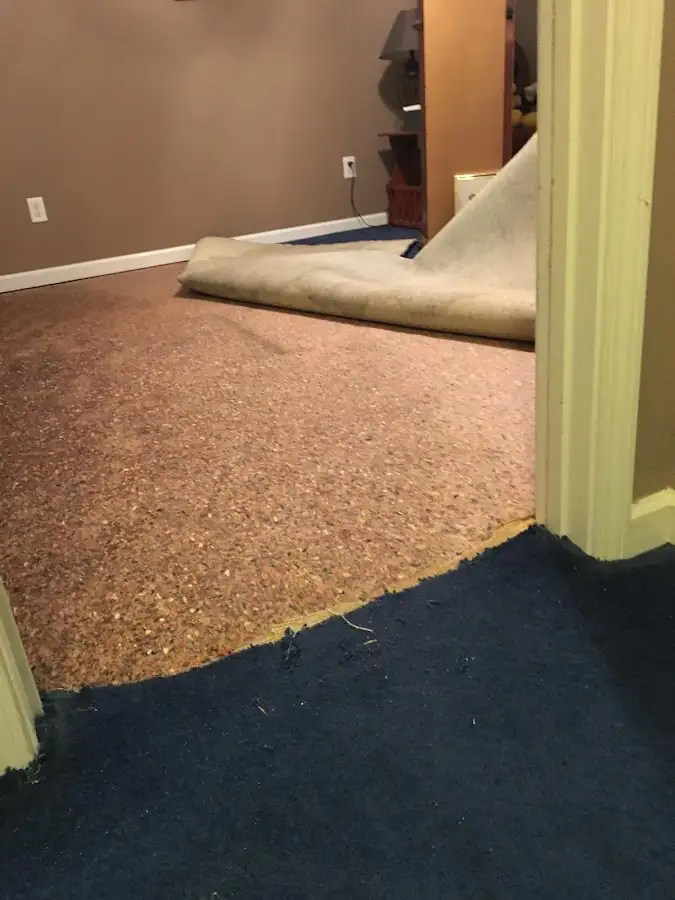 Carpet pad removal revealing water damage during Drying & Dehumidification in Salida del Sol Estates